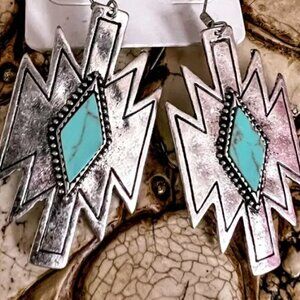 Southwestern Blue Turquoise Aztec Silver Drop Earrings Western Boho Gift NWT